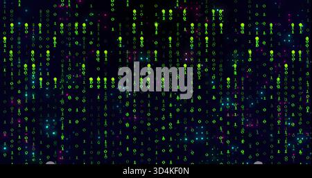 Flowing green binary digits forming vertical code streams in virtual space with cyan magenta specks Stock Photo
