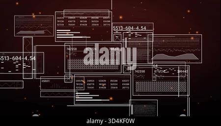 Displaying glassy UI panels, wireframe windows, data matrix, labels, orange sparks in HUD Stock Photo