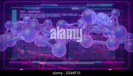 Displaying 3D molecular model scanning in virtual lab HUD, with scanning boxes and numeric labels Stock Photo
