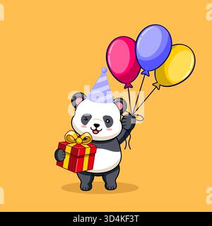 Cute Panda Celebrating Birthday with Gift and Balloons Vector Illustration Cartoon Design Stock Vector