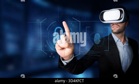 A businessman interacts with a virtual reality interface featuring secure elements, illustrating the integration of technology in modern business Stock Photo