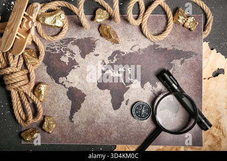 World map with travel equipment, airplane toy and golden nuggets on grunge black background Stock Photo