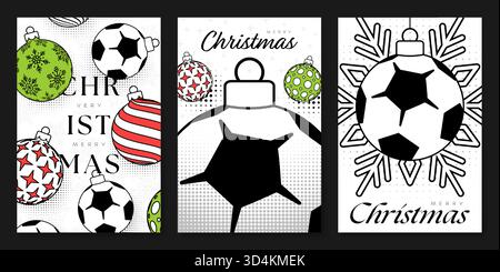 Football Christmas and New Year posters set. Bright xmas design for xmas party invitation. Minimal art banner, poster, cover templates. Vector illustr Stock Vector