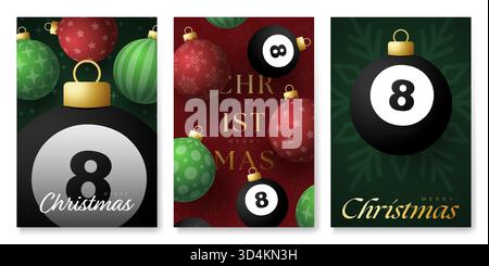billiard Christmas and New Year banners set. Luxury Modern xmas design for xmas party. Minimal art banner, poster, cover templates. Vector illustratio Stock Vector