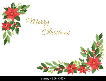 Winter flower arrangement. Winter decorative frame with poinsettia, holly and red berry. Stock Vector
