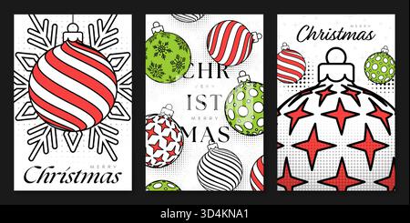 Christmas and New Year posters set. Bright xmas design for xmas party invitation. Minimal art banner, poster, cover templates. Vector illustration. Stock Vector