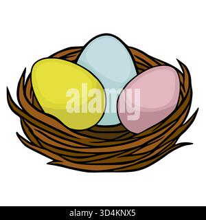 Adorable vector illustration of a bird's nest cradling three pastel-colored Easter eggs: yellow, pale blue, and soft pink, with a warm brown, twiggy t Stock Vector