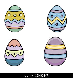 A charming vector collection of four uniquely decorated Easter eggs, featuring soft pastel colors and playful geometric patterns, perfect for spring c Stock Vector