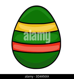 A stylized vector illustration of a green Easter egg with horizontal stripes of yellow and coral, set against a clean white background. Stock Vector
