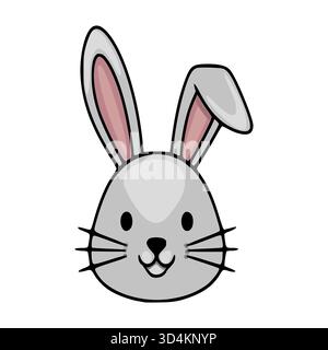 Adorable grey bunny face with long ears and whiskers, a sweet smile, and subtle shading, presented as a simple vector illustration on a clean white ba Stock Vector