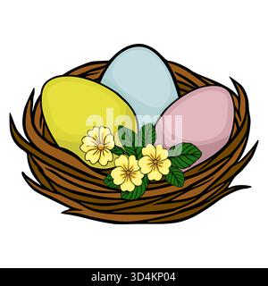 Hand-drawn vector illustration of a rustic brown bird's nest filled with three pastel-colored Easter eggs and delicate yellow primroses with green lea Stock Vector
