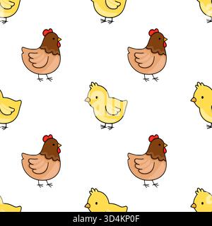 Adorable seamless vector pattern featuring cute cartoon chickens and chicks with simple outlines and flat, warm color palette, perfect for whimsical d Stock Vector