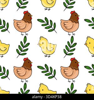 Seamless vector pattern featuring charming cartoon chickens and chicks amidst stylized green foliage, perfect for cheerful spring or Easter themes. Stock Vector