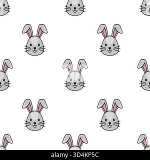 Seamless vector pattern of cute, minimalist grey bunny faces with pink inner ears and simple black outlines, perfect for Easter and children's themes. Stock Vector