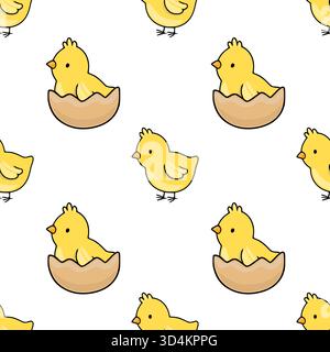 Charming vector pattern featuring adorable yellow chicks hatching from eggshells, perfect for spring and Easter designs. Stock Vector