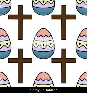 Seamless vector pattern featuring stylized Easter eggs and Christian crosses in a playful, cartoonish style with pastel colors. Stock Vector