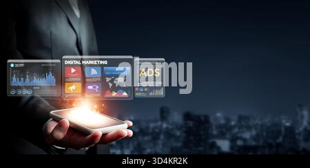 Explore advanced digital marketing strategies showcased on a smartphone, featuring dynamic data visualizations and modern advertisement concepts Stock Photo