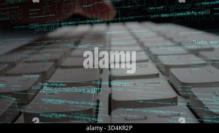 A close-up image of a computer keyboard highlighted with programming code overlays, illustrating the essence of technology and software development in Stock Photo