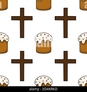 Seamless vector pattern featuring stylized Easter cakes and brown crosses on a white background, celebrating religious and culinary traditions. Stock Vector
