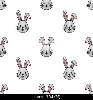 Seamless vector pattern of cute grey bunny faces with pink inner ears and minimalist black outlines, perfect for playful backgrounds and festive desig Stock Vector