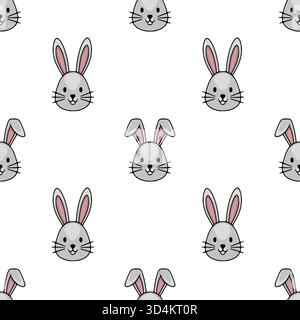 Adorable grey bunny faces with pink inner ears, arranged in a repeating seamless vector pattern on a white background, evoking a playful and sweet Eas Stock Vector
