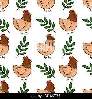 Seamless vector pattern featuring cute illustrated chickens and green sprigs, perfect for spring and Easter themes. Stock Vector