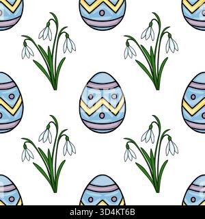 Seamless vector pattern featuring intricately decorated Easter eggs and delicate snowdrop flowers, perfect for festive backgrounds and spring designs. Stock Vector