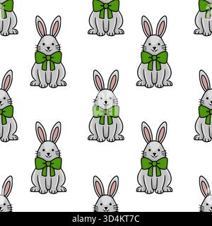 A seamless vector pattern featuring charming grey rabbits adorned with bright green bows, set against a clean white background, evoking a playful and Stock Vector