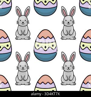 Adorable seamless vector pattern featuring cute grey bunnies and brightly colored, wavy-patterned Easter eggs on a clean white background. Stock Vector