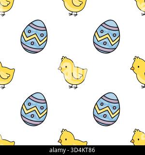 Seamless vector pattern featuring adorable yellow chicks and blue patterned Easter eggs, perfect for festive backgrounds and springtime designs. Stock Vector