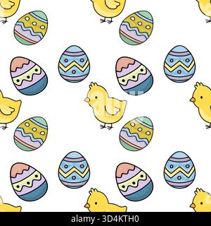 A seamless vector pattern featuring adorable yellow chicks and vibrantly decorated Easter eggs with playful wavy designs. Stock Vector