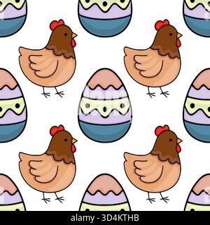 A charming seamless vector pattern featuring cute cartoon hens and vibrantly decorated Easter eggs with a playful, hand-drawn aesthetic. Stock Vector