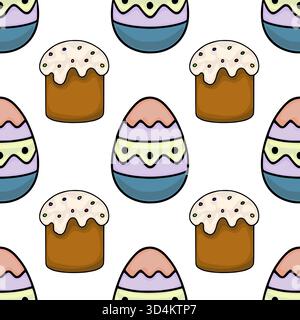 Seamless vector pattern featuring stylized Easter cakes and decorative eggs with pastel colors and playful sprinkles. Stock Vector