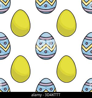 Seamless vector pattern featuring bright yellow Easter eggs and intricately decorated blue and purple eggs with zigzag patterns and circular motifs. Stock Vector