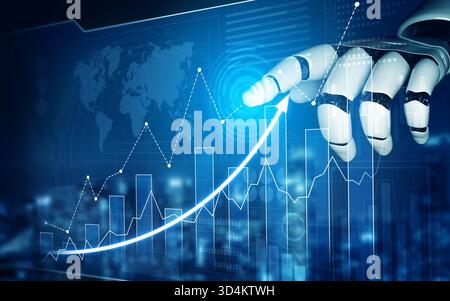 A futuristic robot hand interacts with a digital graph displaying data trends, set against a blue background featuring a world map, symbolizing Stock Photo