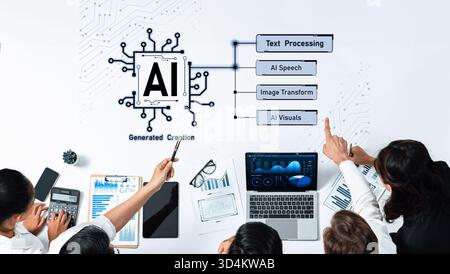 A group of professionals collaborates on an AI-generated project, showcasing various aspects of text processing, image transformation, and visual Stock Photo