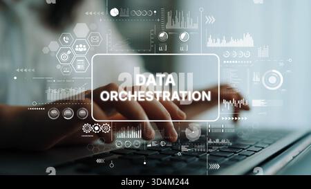 Hands Typing on Keyboard with Data Orchestration Graphics and Visualizations Illustrating Modern Technology Concepts. Asymptotic smart data analytic. Stock Photo