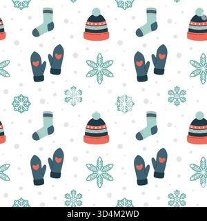 Knitted warm cloth, socks, mittens, hat seamless pattern. Cute winter decoration texture with snowflakes. Vector. Flat design, cartoon style. Stock Vector
