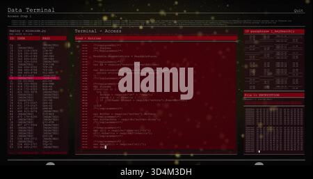 Showing central red terminal running code on Data Terminal left ID or USER or PASS REDACTED right he Stock Photo