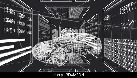 Displaying wireframe sports car rotating inside virtual lab, with HUD reticle and data panels Stock Photo