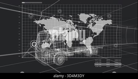Displaying wireframe commercial truck moving in virtual dashboard, with map panel and HUD reticles Stock Photo