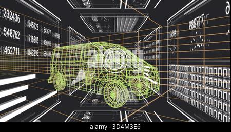 Rendering neon-green wireframe van centered in 3D design lab, showing HUD, panels, orange grid Stock Photo