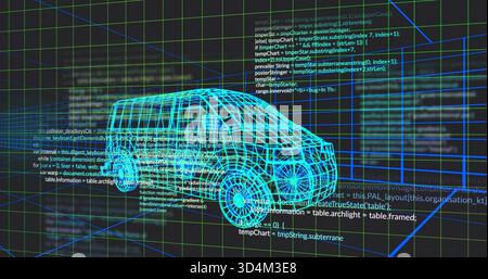 Displaying cyan wireframe 3D van model rotating in virtual modeling workspace, with code overlays Stock Photo