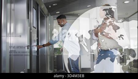 Pressing elevator button, man wearing rolled sleeves at office lobby, woman holding tote bag Stock Photo