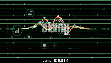 Displaying centered multicolor waveform on virtual dashboard with teal grid numeric ticks hex icons Stock Photo