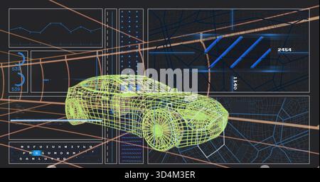 Rotating neon-green wireframe car model showing HUD panels, graphs, numeric data in sim Stock Photo