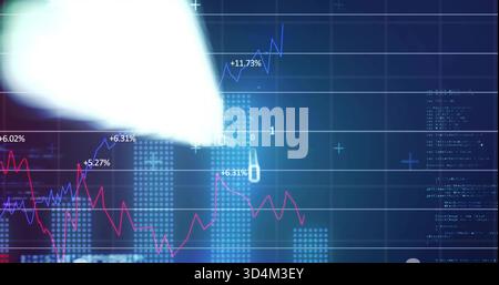 Displaying market charts with red and blue lines on screen, showing dotted bars, % labels Stock Photo