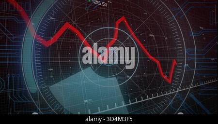 Displaying central radar grid showing red jagged trend line on HUD screen, with blue sector Stock Photo