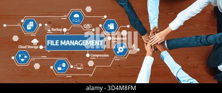 Engaging visual representation of file management showcasing collaboration among professionals with hands above a table and digital icons highlighting Stock Photo
