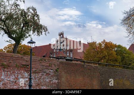 Red brick Gothic Malbork Castle in Malbork, Poland rises above a high wall, steep tiled roofs and gables visible in soft overcast daylight, lamppost i Stock Photo